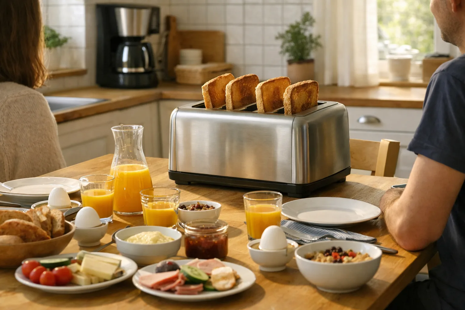 Brödrost med fyra skivor på ett fullt frukostbord.